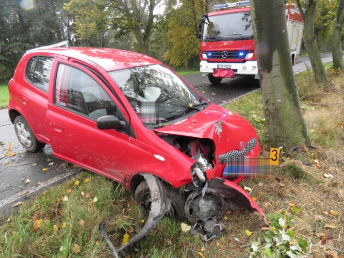 U obce u obce Mančice bouralo osobní auto, narazilo do stromu