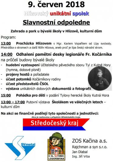 V rámci „Slavnostního odpoledne“ v Hlízově odhalí pamětní desku Františka Kočárníka