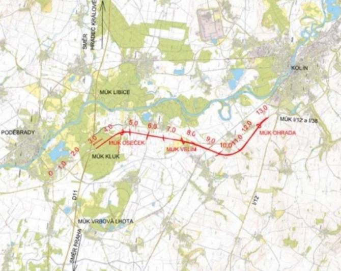 Nová trasa silnice I/38 nahradí stávající v úseku Oseček - Kolín 